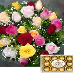 BH Flores - Bouquet 24 rosas coloridas + Ferrero Rocher 12 unidades
